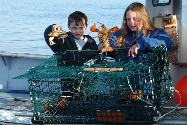 Two children holding a lobster and crab on a boat with a lobster trap.